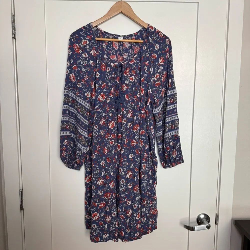 Old Navy Dress Sz XL Blue Floral Long Sleeve Peasant Hippie Cottagecore Boho